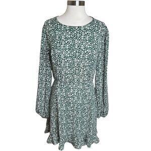 Lulus Mini Dress‎ Womens XL Green Floral Ruffled Cut Out Back Long Sleeve